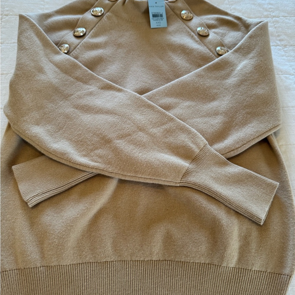 Ann Taylor Camel Crewneck Sweater with Military Gold Buttons